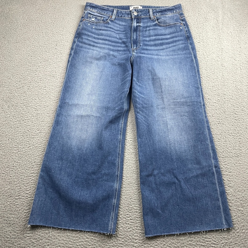 PAIGE Anthropologie Anessa High Rise Wide Leg Crop Jeans Womens 32 Raw Hem Denim